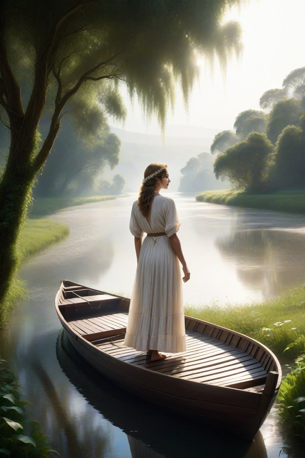 Riverbank panorama: A small boat adrift on a vast, serene river, its wooden slats weathered to perfection. A maiden, dressed in flowing  sitting on the boat, holding the hands of a handsome young man, looking at each other,white attire,. Water droplets glisten on the petals, refracting sunlight into tiny prisms. The girl's gaze is cast outwards, lost in thought as she surveys the tranquil scene. In the background, lush greenery and distant hills blend seamlessly with the misty atmosphere, creating a sense of depth and distance.