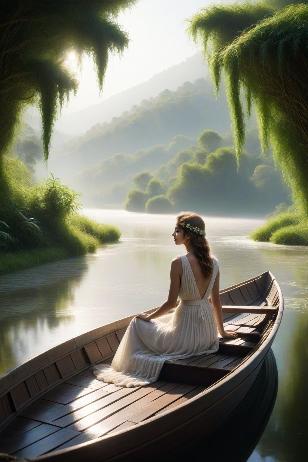 Riverbank panorama: A small boat adrift on a vast, serene river, its wooden slats weathered to perfection. A maiden, dressed in flowing  sitting on the boat, holding the hands of a handsome young man, looking at each other,white attire,. Water droplets glisten on the petals, refracting sunlight into tiny prisms. The girl's gaze is cast outwards, lost in thought as she surveys the tranquil scene. In the background, lush greenery and distant hills blend seamlessly with the misty atmosphere, creating a sense of depth and distance.