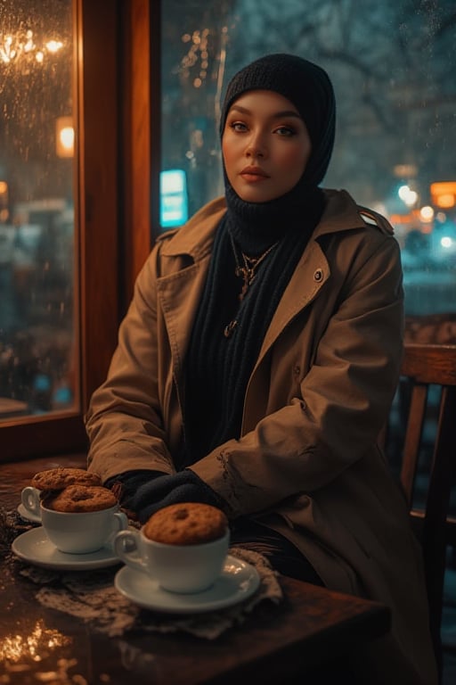 A moody cityscape unfolds at dusk as rain-soaked streets glisten in the soft lighting. A sultry woman sits poised outside a cozy coffee café, wrapped in a warm glow. She's framed by wooden accents, her trench coat and inside high neck shirt adding to her mystique. Her porcelain skin glows beneath delicate cups and saucers filled with cookies and chocolate on a rustic table. The camera captures her enigmatic presence from a low angle, emphasizing the moody atmosphere as raindrops cling to her scarf and cap.