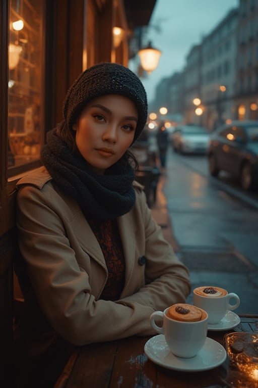 A moody cityscape unfolds at dusk as rain-soaked streets glisten in the soft lighting. A sultry woman sits poised outside a cozy coffee café, wrapped in a warm glow. She's framed by wooden accents, her trench coat and inside high neck shirt adding to her mystique. Her porcelain skin glows beneath delicate cups and saucers filled with cookies and chocolate on a rustic table. The camera captures her enigmatic presence from a low angle, emphasizing the moody atmosphere as raindrops cling to her scarf and cap.