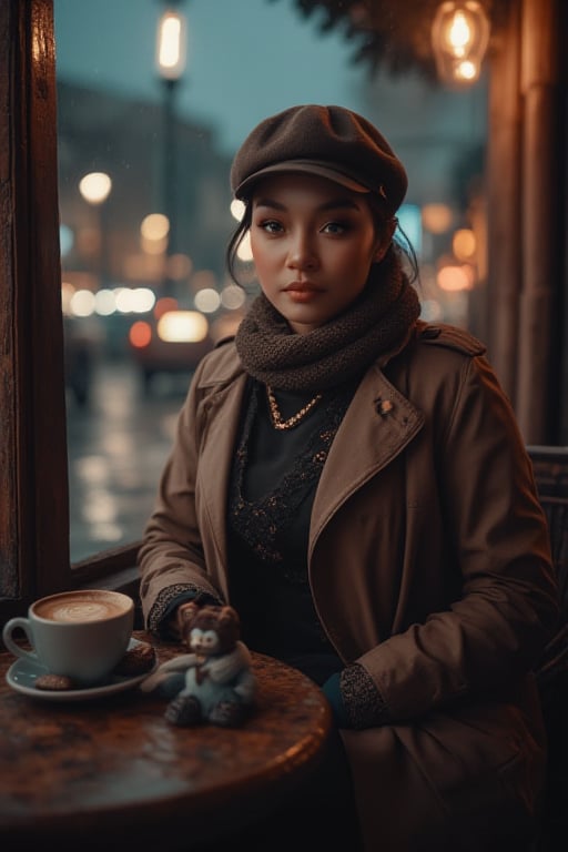 A moody cityscape at dusk, rain-soaked streets glistening in soft lighting. A sultry woman sits poised outside a cozy coffee café, wrapped in warm glow from lanterns and wooden accents framing her enigmatic presence. She wears a scarf, flat cap, trench coat, and inside high-neck shirt, amidst rustic table setting with delicate cups and saucers filled with cookies and chocolate, porcelain skin glowing beneath.