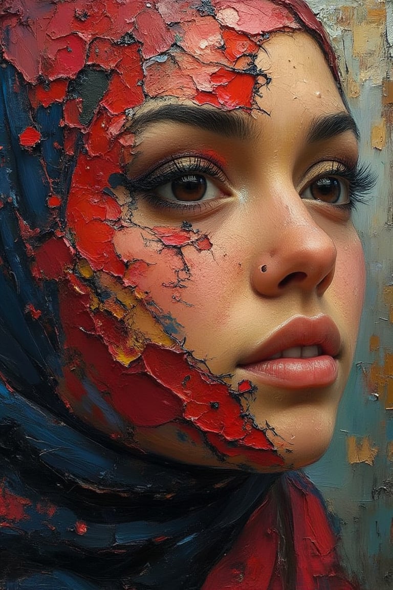 Oil painting captivating artwork of a woman's face, where vibrant colors—red, dark blue, and yellow—are artistically cracked and peeling. Include visible stitching across various parts of the face, adding an element of intrigue and transformation. The paint should appear textured and dynamic, revealing layers beneath. Highlight her eyes with intricate details as a focal point, while the background features an abstract blend of complementary colors and textures. Incorporate subtle elements symbolizing renewal and metamorphosis, such as hints of nature or geometric shapes, to enhance the surreal and transformative theme. background,Syazi89,RealisticNeemo,ArcylicOil Painting 1,Oil painting effect,Dyn4Kay,Un4d