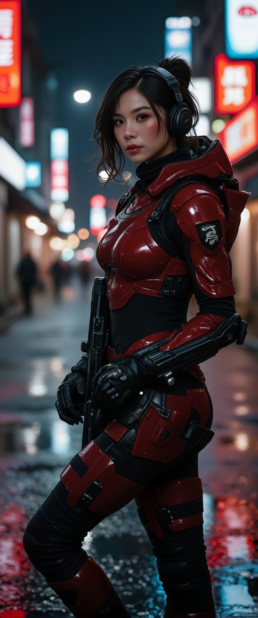 cyberpunk anime, stunning Japanese woman wearing red and black sci-fi power armour, headphones, dark eyeshadow, holding assault rifle on cyberpunk street at night, neon signs and advertising, bokeh, side lighting,ct-physmstyle,Syazi89