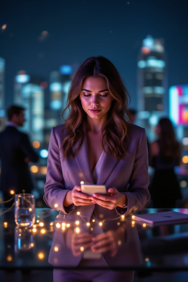 A businesswoman with a poised demeanor networking seamlessly through a sleek rooftop event at night. The scene is captured from an over-the-shoulder angle, highlighting her interaction with others. Prismatic kaleidoscope lighting creates sparkling highlights on the businesswoman's accessories, with twinkling lights emphasizing the lively ambiance. The background features the city skyline and guests, all blurred to accentuate the businesswoman's engagement. The starry night sky enhances the overall sophisticated atmosphere.

(1.6-1) dS = δQ_rev/T::0.4 businesswoman::0.6 rooftop event --s prismatic kaleidoscope lighting effects,PrismKaleidoscope,Businesswoman,Businesswomanpose