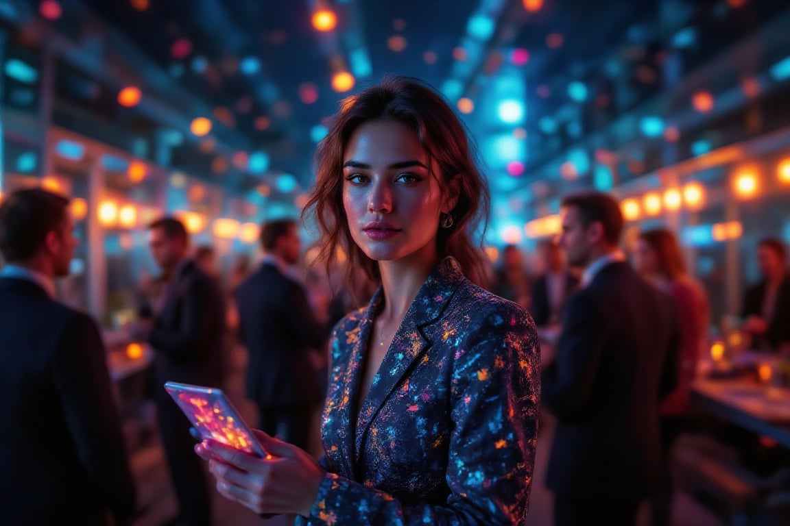 A businesswoman with a poised demeanor networking seamlessly through a sleek rooftop event at night. The scene is captured from an over-the-shoulder angle, highlighting her interaction with others. Prismatic kaleidoscope lighting creates sparkling highlights on the businesswoman's accessories, with twinkling lights emphasizing the lively ambiance. The background features the city skyline and guests, all blurred to accentuate the businesswoman's engagement. The starry night sky enhances the overall sophisticated atmosphere.

(1.6-1) dS = δQ_rev/T::0.4 businesswoman::0.6 rooftop event --s prismatic kaleidoscope lighting effects,PrismKaleidoscope,Businesswoman,Businesswomanpose