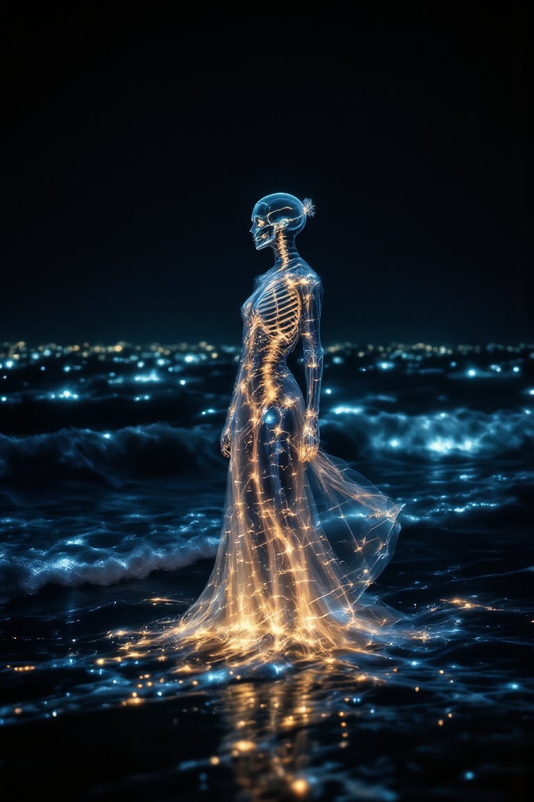 A figure with illuminated features standing through glowing tides at dusk. The scene is captured from a wide angle, highlighting the outline of her flowing dress. The dim lighting creates x-ray-like effects on the subject’s shape, with vibrant ocean ripples emphasizing her presence. The background features crashing bioluminescent waves, all blurred to enhance the motion. The night sky deepens the tranquil yet mysterious atmosphere.
(1.6-1) d S = δ Q rev T::[1.2] figure::[0.8] tides --s x-ray,XRayVision,SkeletonSpectrum,StarlitWaves