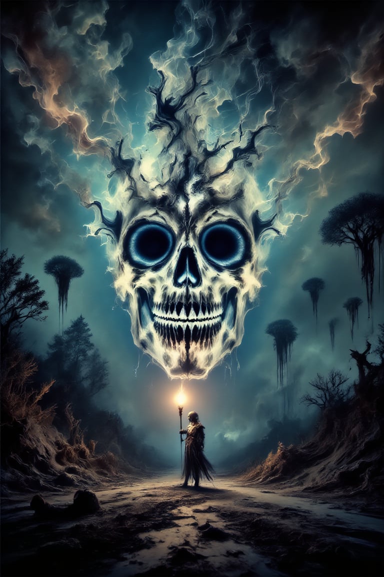 A stunning digital masterpiece that blends three distinct elements: a glowing, translucent skull, a mysterious, floating island in a surreal landscape with upside-down trees, and a mystical, dark forest scene featuring a steampunk jester holding a torch. The skull is embedded into the landscape of the floating island, with the trees surrounding it and faint, ghostly figures hovering in the sky. The jester stands in the foreground, their torchlight casting eerie shadows and illuminating intricate mechanical details of their armor. The scene is infused with dark, moody lighting, with subtle hints of blue and orange hues adding depth and atmosphere. The background features swirling clouds and fog, enhancing the eerie and magical ambiance.,XRayVision,SkeletonSpectrum,DonM5h4d0wM317FX