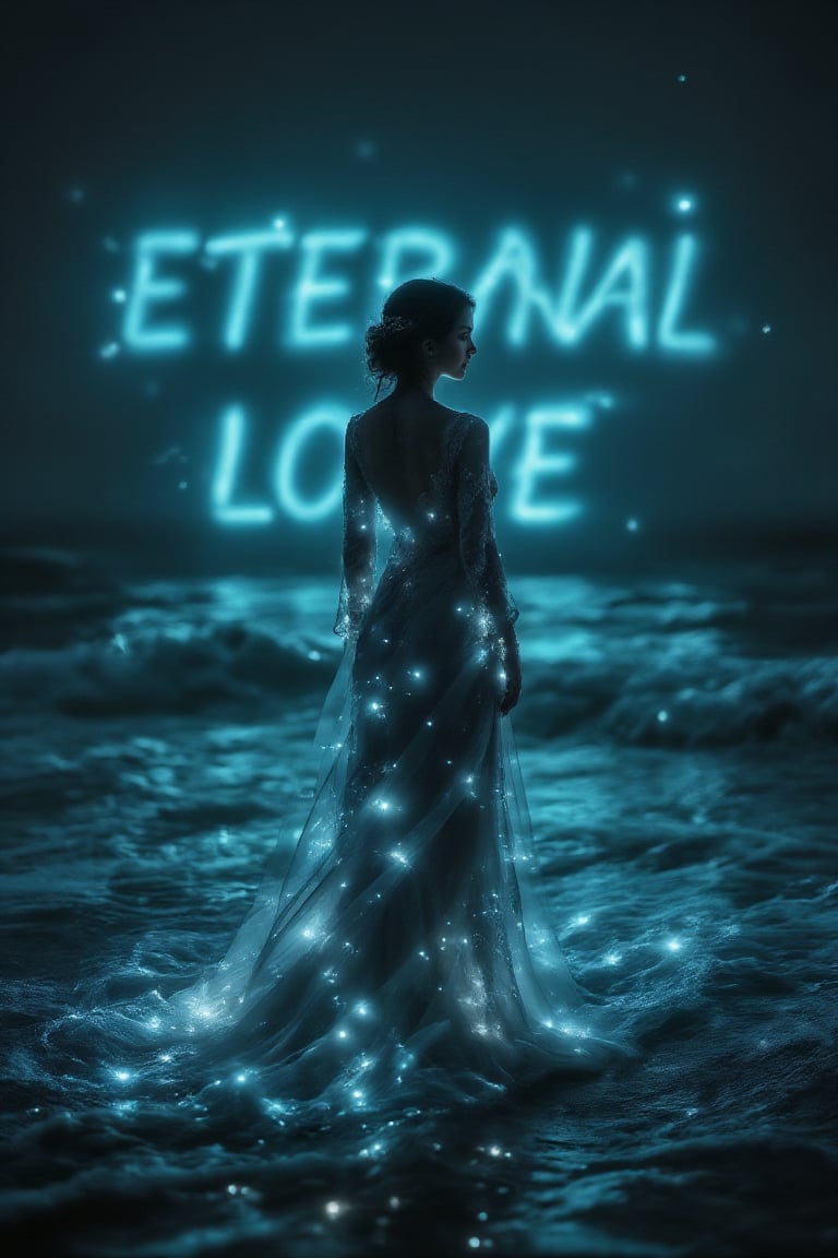 IMG_1998.HEIC Coquelicot (glowing light blue) elegant lady standing on wavy beach, selective coloring, grey monochrome, big (glowing light blue) text "(ETERNAL LOVE)" in half opacity on background between subjects/objects.,StarlitWaves,Magicallights,divinelights,SelectiveImpact,Monochrome Pop