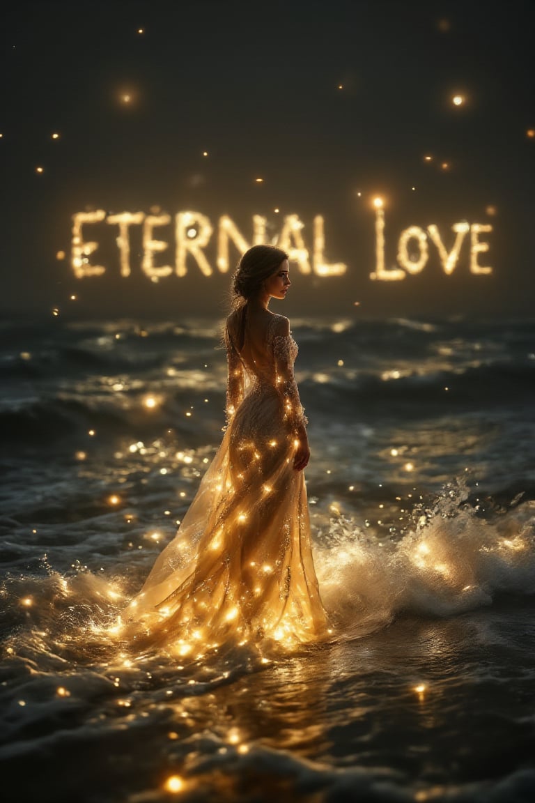 IMG_1998.HEIC Coquelicot (glowing light blue) elegant lady standing on wavy beach, selective coloring, grey monochrome, big (glowing yellow) text "(ETERNAL LOVE)" in half opacity on background between subjects/objects.,StarlitWaves,Magicallights,divinelights,SelectiveImpact,Monochrome Pop