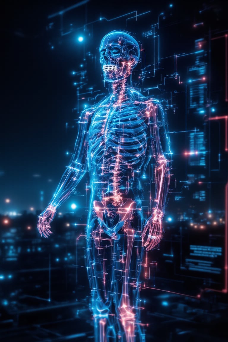 Holographic Skeleton with Neon Glowing Ribs shifting through a futuristic digital grid at midnight. The scene is captured from a low-angle shot, highlighting the intricate details of the glowing ribs interacting with the grid. Pulsing neon lighting creates holographic patterns on the skeleton's surface, with pixelated effects emphasizing its movement. The background features a sprawling digital landscape with geometric shapes, all blurred to accentuate the skeleton’s dynamic motion. The dark, starry sky enhances the surreal and futuristic atmosphere.
(1.6-1) d S = δ Q rev T::0.8 Holographic Skeleton::0.8 Neon Ribs --s 50,XRayVision,SkeletonSpectrum,Neonwireframe