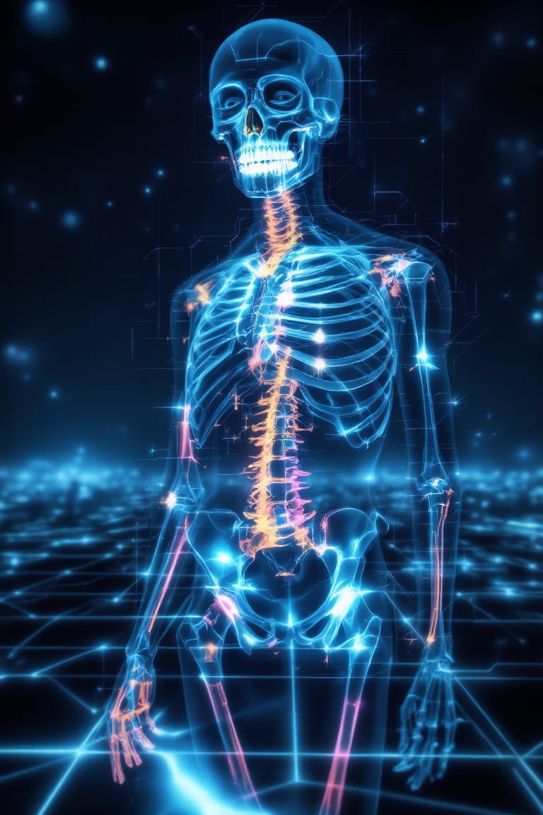 Holographic Skeleton with Neon Glowing Ribs shifting through a futuristic digital grid at midnight. The scene is captured from a low-angle shot, highlighting the intricate details of the glowing ribs interacting with the grid. Pulsing neon lighting creates holographic patterns on the skeleton's surface, with pixelated effects emphasizing its movement. The background features a sprawling digital landscape with geometric shapes, all blurred to accentuate the skeleton’s dynamic motion. The dark, starry sky enhances the surreal and futuristic atmosphere.
(1.6-1) d S = δ Q rev T::0.8 Holographic Skeleton::0.8 Neon Ribs --s 50,XRayVision,SkeletonSpectrum,Neonwireframe