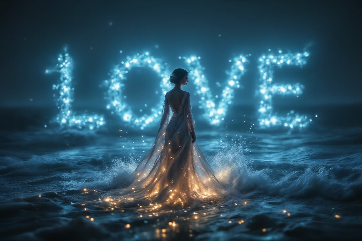 IMG_1998.HEIC Coquelicot (glowing light blue) elegant lady standing on wavy beach, selective coloring, grey monochrome, big (glowing light blue) text "(ETERNAL LOVE)" in half opacity on background between subjects/objects.,StarlitWaves,Magicallights,divinelights,SelectiveImpact,Monochrome Pop