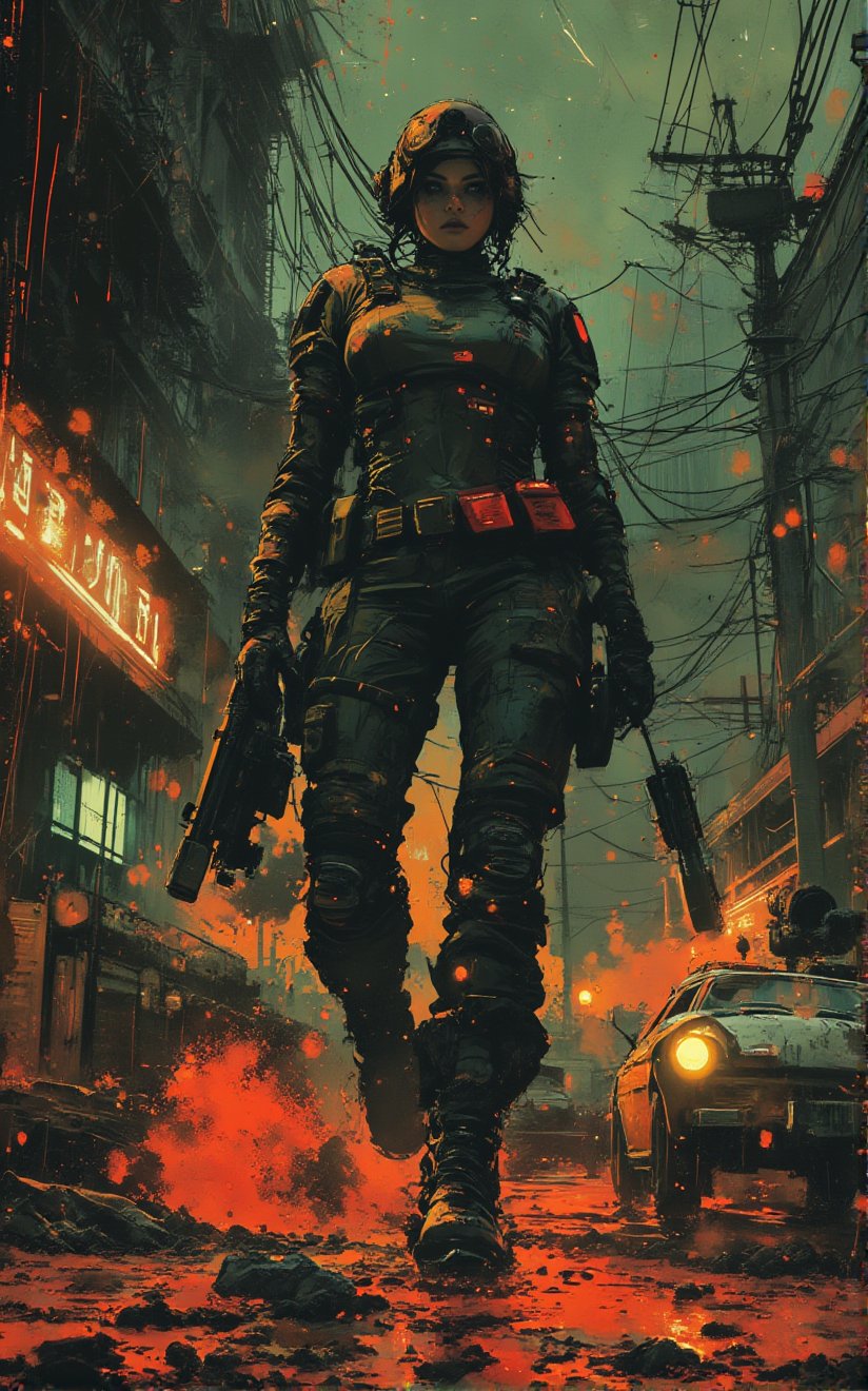 rough Impressionist painting of a futuristic female soldier with Cybernetic enhancements, neonpunk city in the background with futuristic military vehicles, rain, wet asphalt.,RETRO FUTURISTIC,Ink art style