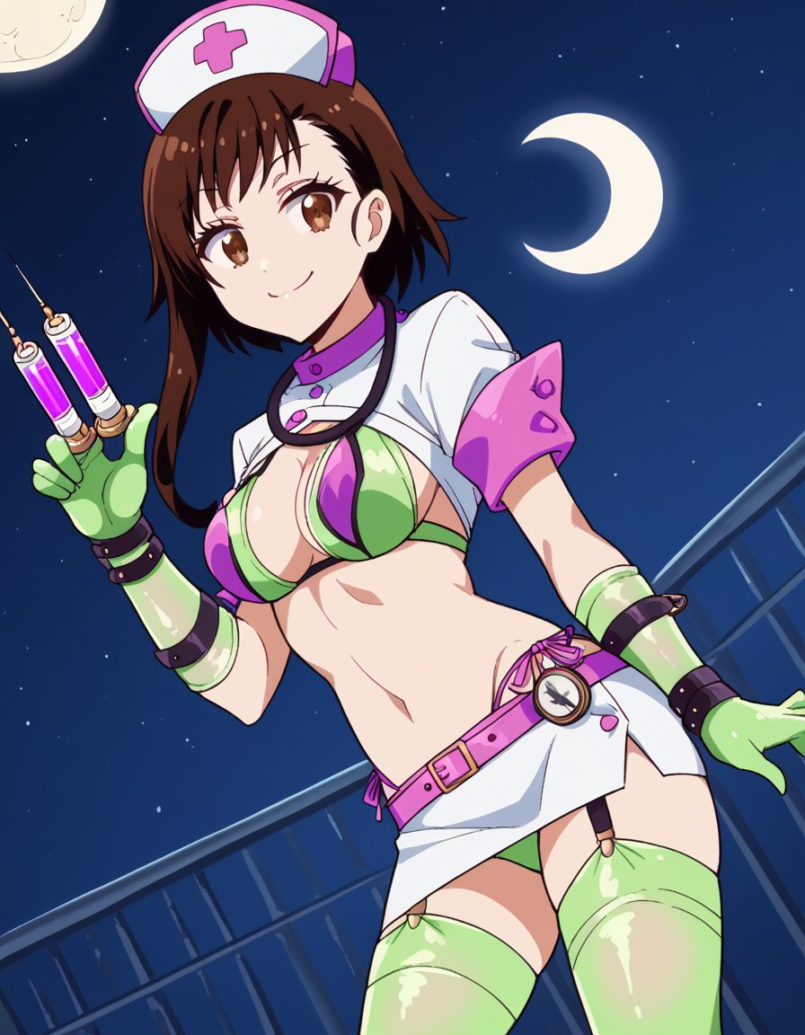 score_9, score_8_up, score_7_up, source_anime, <lora:kosaki-onodera-s2-ponyxl-lora-nochekaiser:1>, kosaki onodera, short hair, bangs, brown hair, brown eyes, short hair with long locks, asymmetrical hair, medium breasts,, <lora:florence-nightingale-halloween-costume-ponyxl-lora-nochekaiser:1>, florence nightingale (trick or treatment) (fate) (cosplay), layered bikini, green gloves, green thighhighs, rubber gloves, purple belt, green bikini, syringe, thighhighs under boots, purple bikini, pink belt, nurse cap, stethoscope, microskirt, holding syringe,, hospital, smile, smug, moon, night,, , cowboy shot, dutch angle