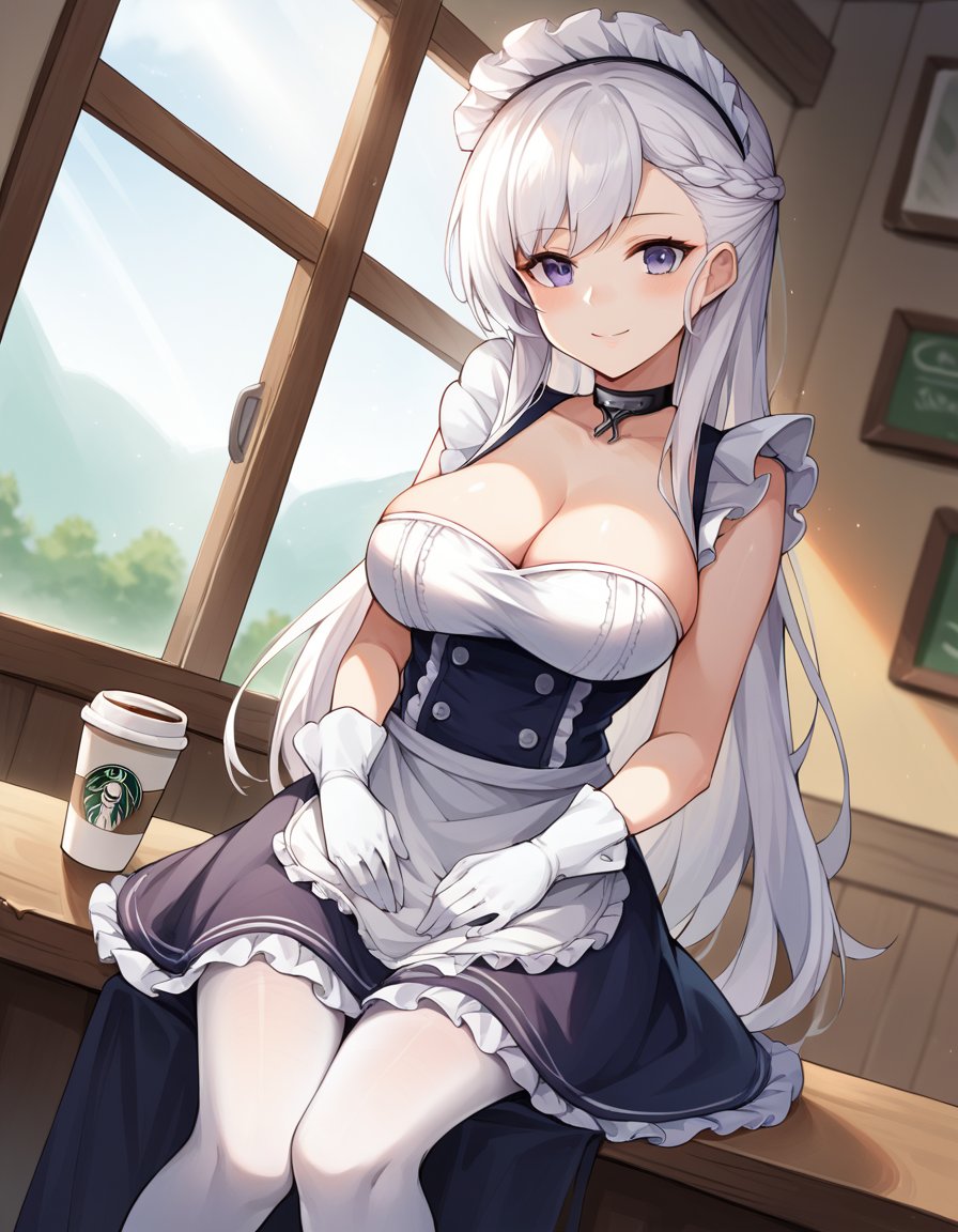 score_9, score_8_up, score_7_up, source_anime, <lora:azur-lane-belfast-ponyxl-lora-nochekaiser:1>, belfast, belfast (azur lane), braid, french braid, large breasts, long hair, sidelocks, white hair, purple eyes,, apron, bare shoulders, black choker, black dress, buttons, choker, cleavage, frilled apron, frilled dress, frills, gloves, lace, lace-trimmed apron, lace trim, maid, maid apron, maid headdress, pantyhose, white apron, white gloves, white pantyhose, cafe, coffee cup, barista, sitting down, talking, relaxing, sunlight through window, smile, , hands on stomach, blush,, solo,, cowboy shot, dutch angle,