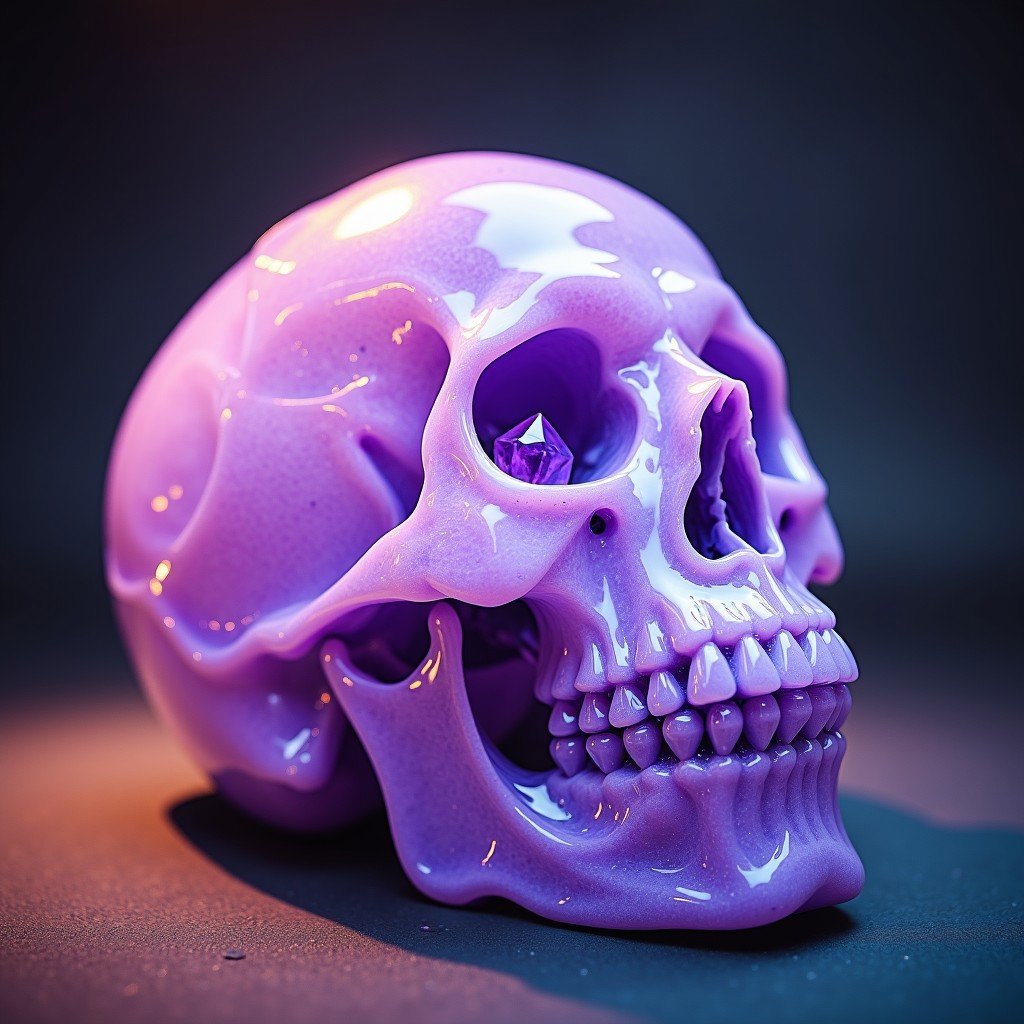 Raw photo, 8k uhd, dslr, soft lighting, high quality, film grain, Fujifilm XT3, close up low angle shot beautiful faceted transparent lavender color crystal skull formation with crystals looking out of the skull, cinematic photo, 18mm f/11 photograph, film, bokeh, professional, 4k, highly detailed, colorful,