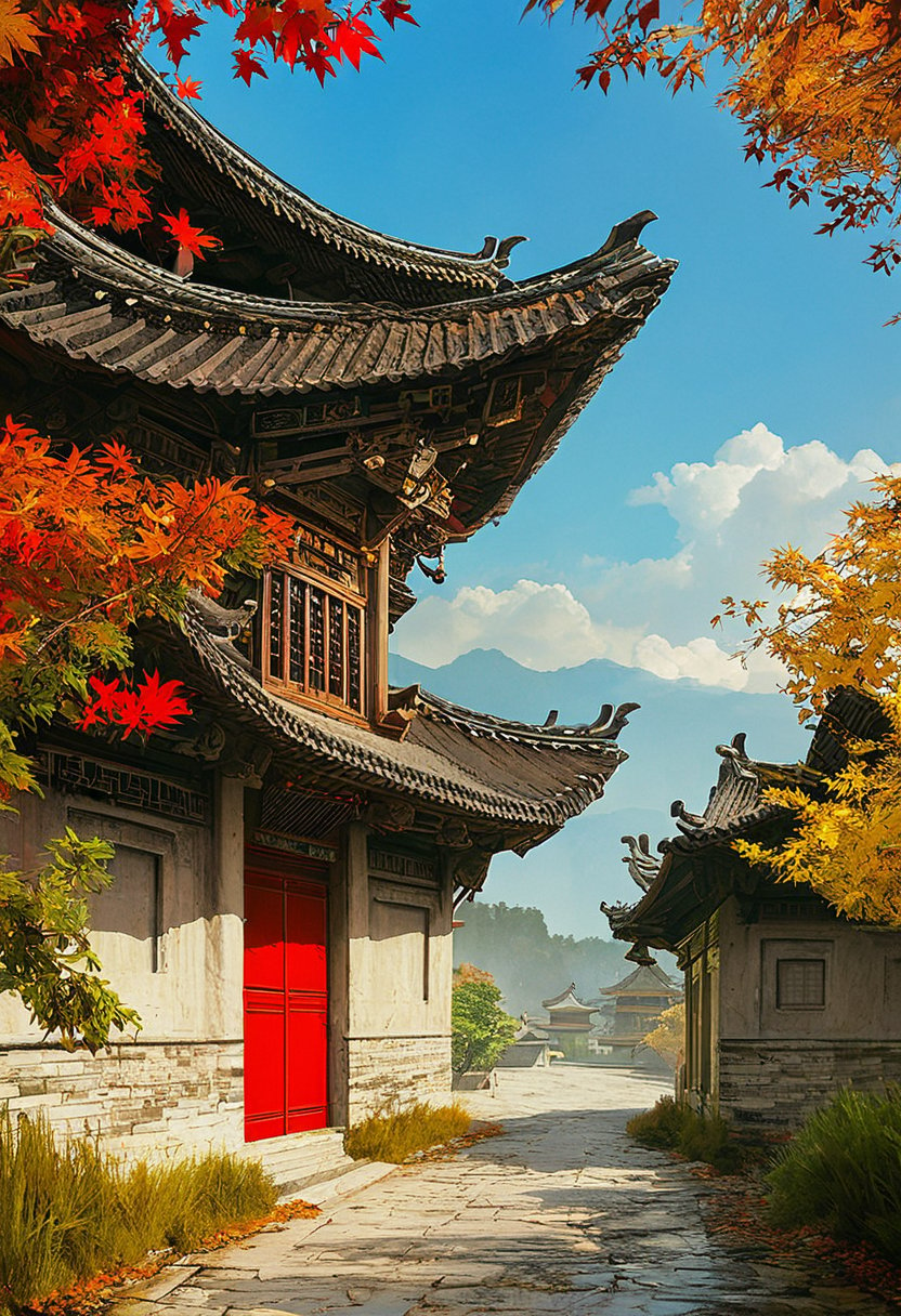 score_9, score_8_up, score_7_up, BREAKscenery, landscape, tile wall, fog, grass, window, building, stucco, path, outdoors, tree, east asian architecture, no humans, dirt, autumn leaves, architecture, blue sky, bush, castle, plant, pagoda, sky, wall, stairs, town, nature, cloudy sky, mountain, light, green theme, cloud, stone wall, entrance