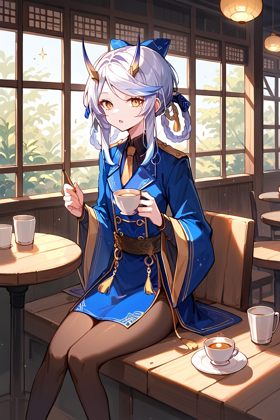 (score_9, score_8_up, score_7_up) BREAK source_anime,pointillism,1girl,solo,yasharaja,oni horns,banker uniform,wide sleeves,pantyhose,tassel,open mouth,expressionless,holding cup,sitting,looking to the side,indoors,cafe,warm light,wooden wall,window,light through window,sparkle,<lora:yasharaja_v1:1>,