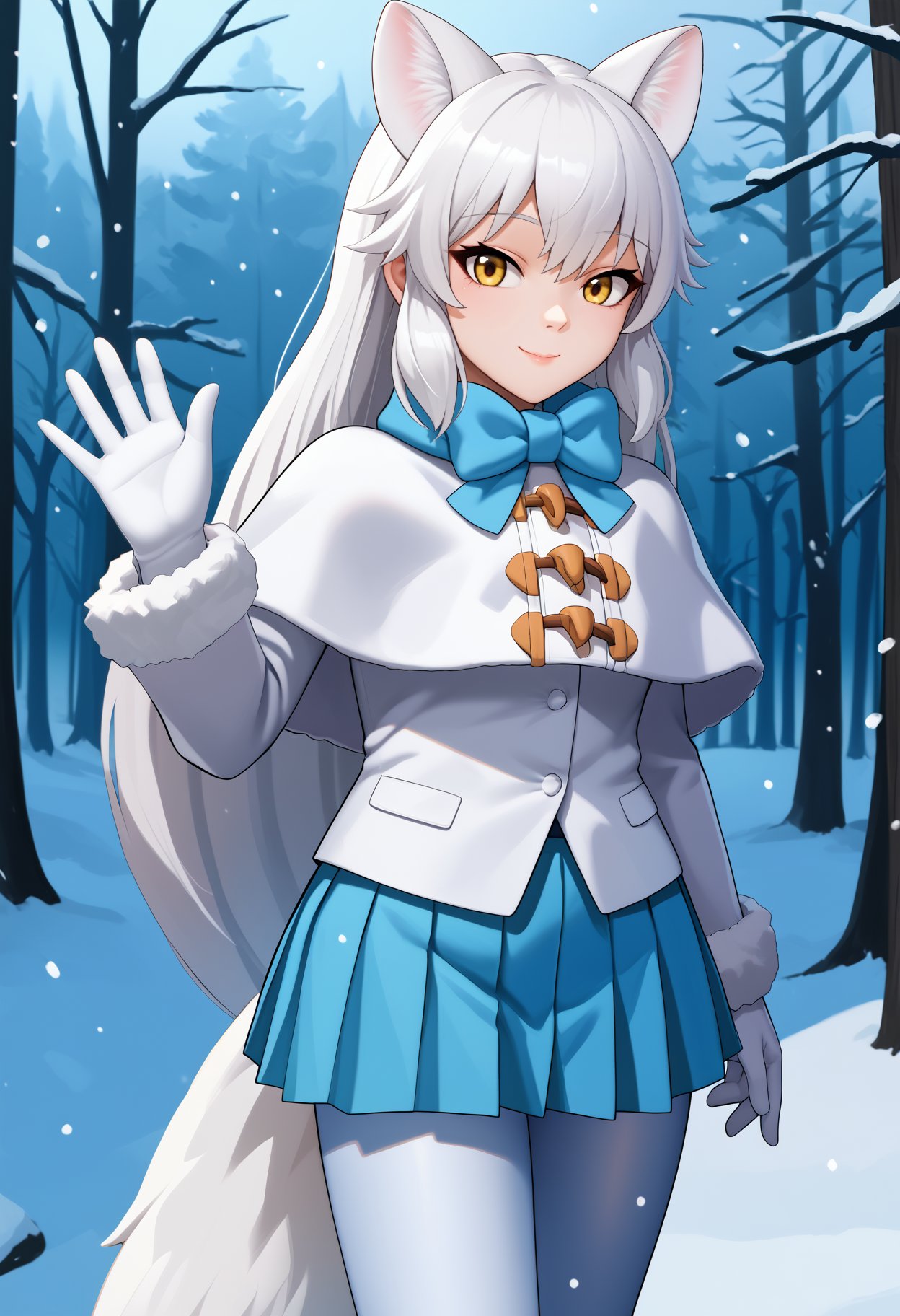 score_9, score_8_up, score_7_up, source_anime, <break> solo, 1girl, arct1cf0x, fox tail, smile, looking at you, standing, waving, white hair, animal ears, extra ears, yellow eyes, fur trim, white capelet, white coat, blue bowtie, long sleeves, white gloves, blue skirt, pleated skirt, white pantyhose, snowing, outdoors, forest<segment:yolo-face_yolov8m.pt,0.4,0.5//cid=1>