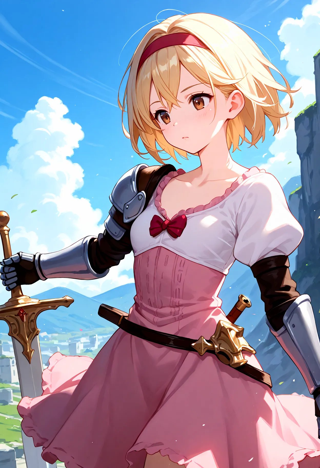 score_9, score_8_up, score_7_up, BREAK, best quality, masterpiece, very aesthetic, ultra detailed,very detailed background,BREAK,zPDXL3,Djeeta_Fighter, short hair, bangs, blonde hair,  brown eyes, collarbone, puffy sleeves, thigh boots,  pink dress, armor, sword,sheath, gauntlets, sky,day,cloud,holding,slashing,  <lora:Djeeta-ponyXL:1>