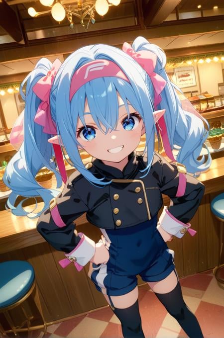 score_9, score_8_up, score_7_up, source_anime,restaurant, indoor,hands on hip, grin, smile<lora:klan_autismConfetti_v01:0.99>klan klein, blue hair, blue eyes,twintails, pink headband, hair ornament, pointy ears, sleeve cuffs, bodysuit, black cropped jacket, long sleeves,  puffy shorts, thighhighs, thigh boots, hair between eyes,, zPDXL