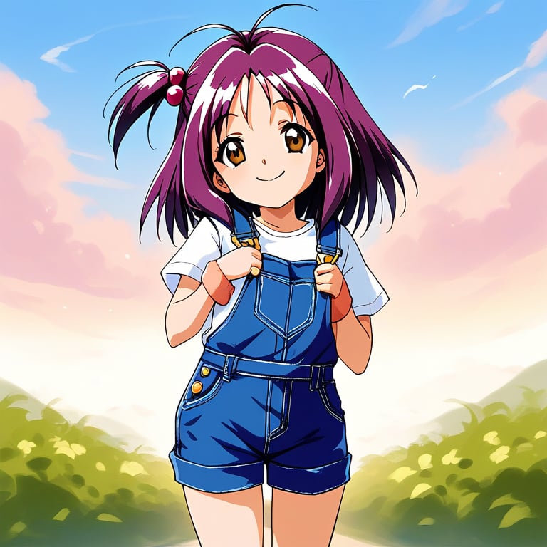 score_9, score_8_up, score_7_up, source_anime, rating_explicit, BREAK  <lora:Kotobuki_Miyuki_XL:0.8> Kotobuki_Miyuki, purple hair, brown eyes, short hair, short stack, 1girl, solo, overalls, hair ornament, hair bobbles, plaid, one side up, shirt, smile, outdoor, sky,