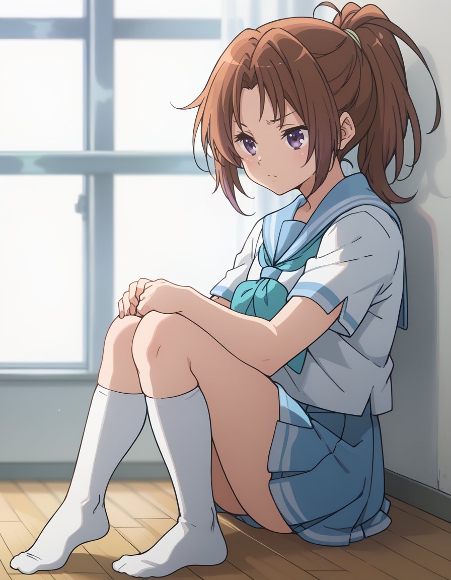 score_9, score_8_up, score_7_up, <lora:hibike!_euphonium_-_ natsuki_nakagawa:1>, nakagawa, long_hair, brown_hair, ponytail, purple_eyes, kitauji_high_school_uniform, short_sleeves, blue_sailor_collar, blue_skirt, white_shirt, blue_neckerchief, arms_crossed, stern_expression, full_body, socks