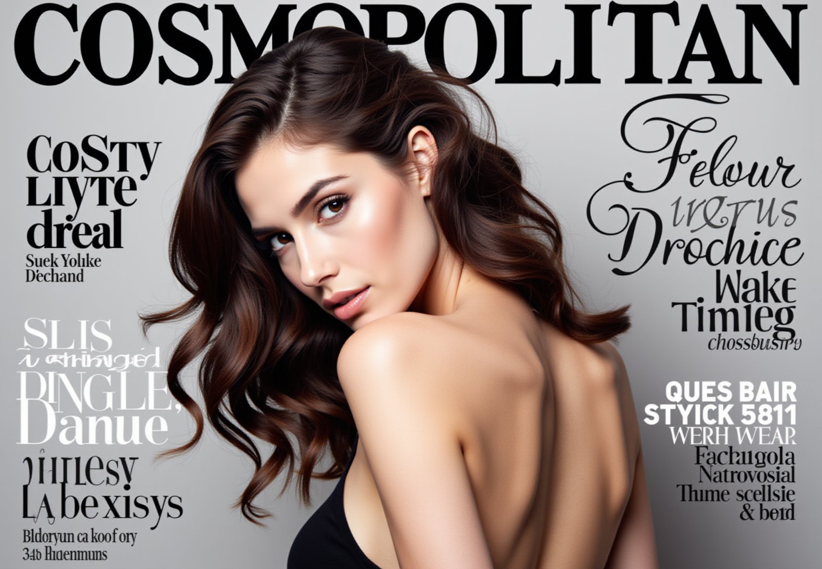 features are highlighted, and she wears a stylish, modern outfit that accentuates her figure while maintaining a sophisticated and polished look. The background is a neutral gray with professional, magazine-quality lighting that enhances her photorealistic skin texture.Across the cover, bold and stylish magazine text is displayed, including the title in elegant font: **"COSMOPOLITAN"** at the top. Other headlines include:- **"ファッションフォワード：エレガンスの未来"**- **"自信とスタイルの秘訣"**- **"モデル・オブ・ザ・イヤー：魅力とパワーを受け入れる"**The overall composition combines high-end fashion photography with captivating headlines that frame the model’s pose, drawing attention to her beauty and presence. The cover reflects sophistication, confidence, and modern fashion