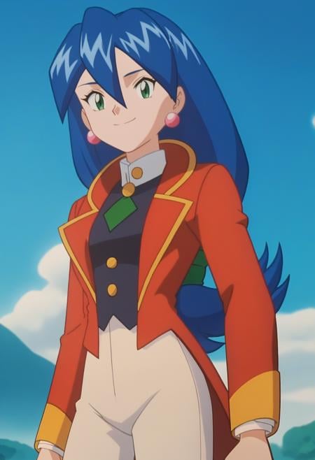 score_9, score_8_up, score_7_up, score_6_up, anime screencap, anime coloring, <lora:PMStella_epoch_10:1>, PMStella, 1girl, solo, blue hair, low-tied long hair, hair between eyes, green eyes, earrings,red tailcoat, white pants,looking at viewer, smile, hand on own hip, cowboy shot,BREAK blue sky, sunlight, day, sunbeam,