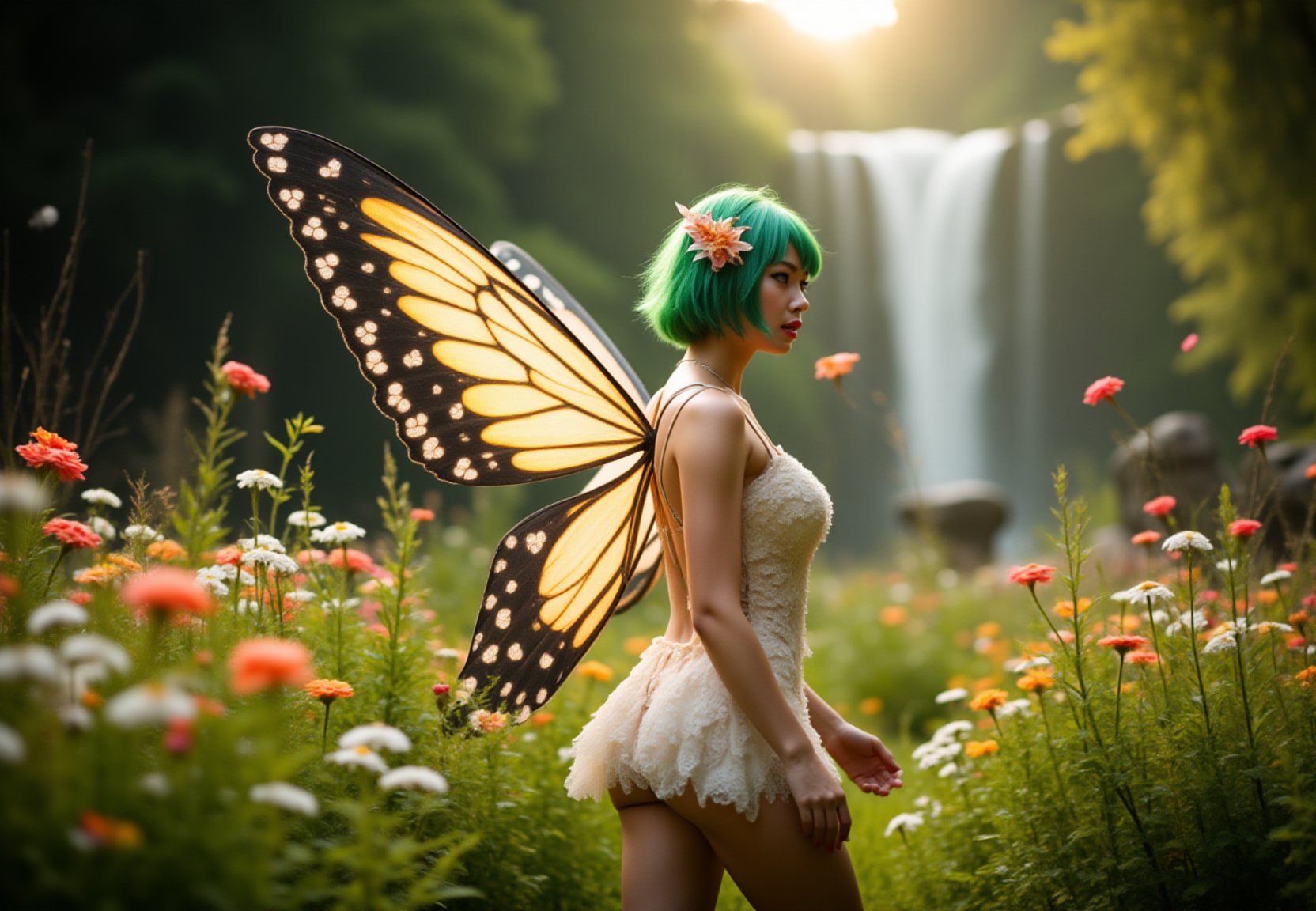 ultra realistic cinematic photo of A airy fantasy angel-winged scandinavian woman with vibrant green hair styled in a bob cut, adorned with delicate flowers. Her large, colorful wings display shades of yellow, orange, and black, resembling those of a fairy wings. She wears a frilly, white and gold outfit that highlights her slender figure, with matching gloves and sandals. Her expressive eyes and graceful pose exude a sense of ethereal beauty. red nails, looked back,Background: Enchanted meadow filled with blooming wildflowers of various colors, with soft sunlight filtering through the trees. The air is filled with floating, glowing particles, giving the scene a magical, serene atmosphere. A gentle breeze causes the flowers and grass to sway, adding to the tranquil setting.waterfall in the background