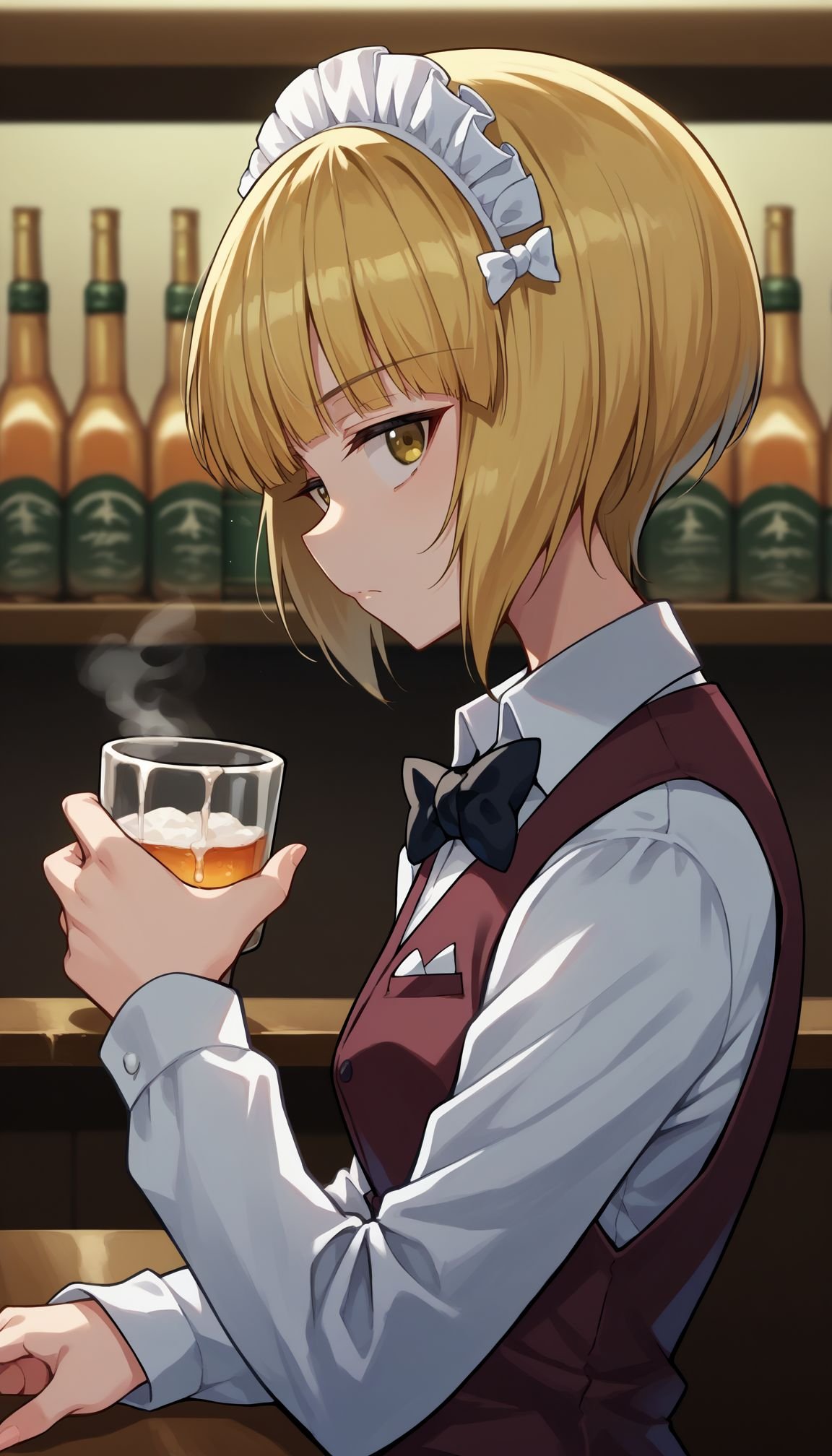 score_9, score_8_up, score_7_up, source_anime,Cutlass _Girls_und_panzer, 1girl, blonde hair, brown vest, short hair, maid headdress, long sleeves, yellow eyes, white shirt, looking at viewer, blunt bangs, dress shirt, bartender, closed mouth, black bow, wing collar, black bowtie, from side, holding cup, handkerchief, steam, school uniform, sitting, light frown, mug, upper body, bob cut, blurry background<lora:Cutlass:1>