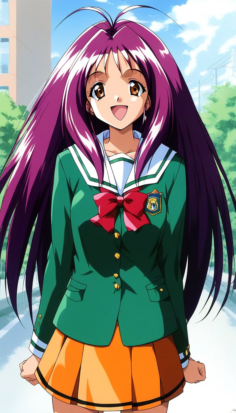 score_9, score_8_up, score_7_up, source_anime, rating_explicit, BREAK  <lora:Kotobuki_Miyuki_XL:1> Kotobuki_Miyuki, purple hair, long hair, brown eyes, antenna hair,1girl, solo, school uniform, skirt, outdoors, open mouth, smile, orange skirt, green shirt, looking at viewer, day, shirt, long sleeves, pleated skirt, bow, :d, sky, red bow, standing, 1990s (style), miniskirt, 