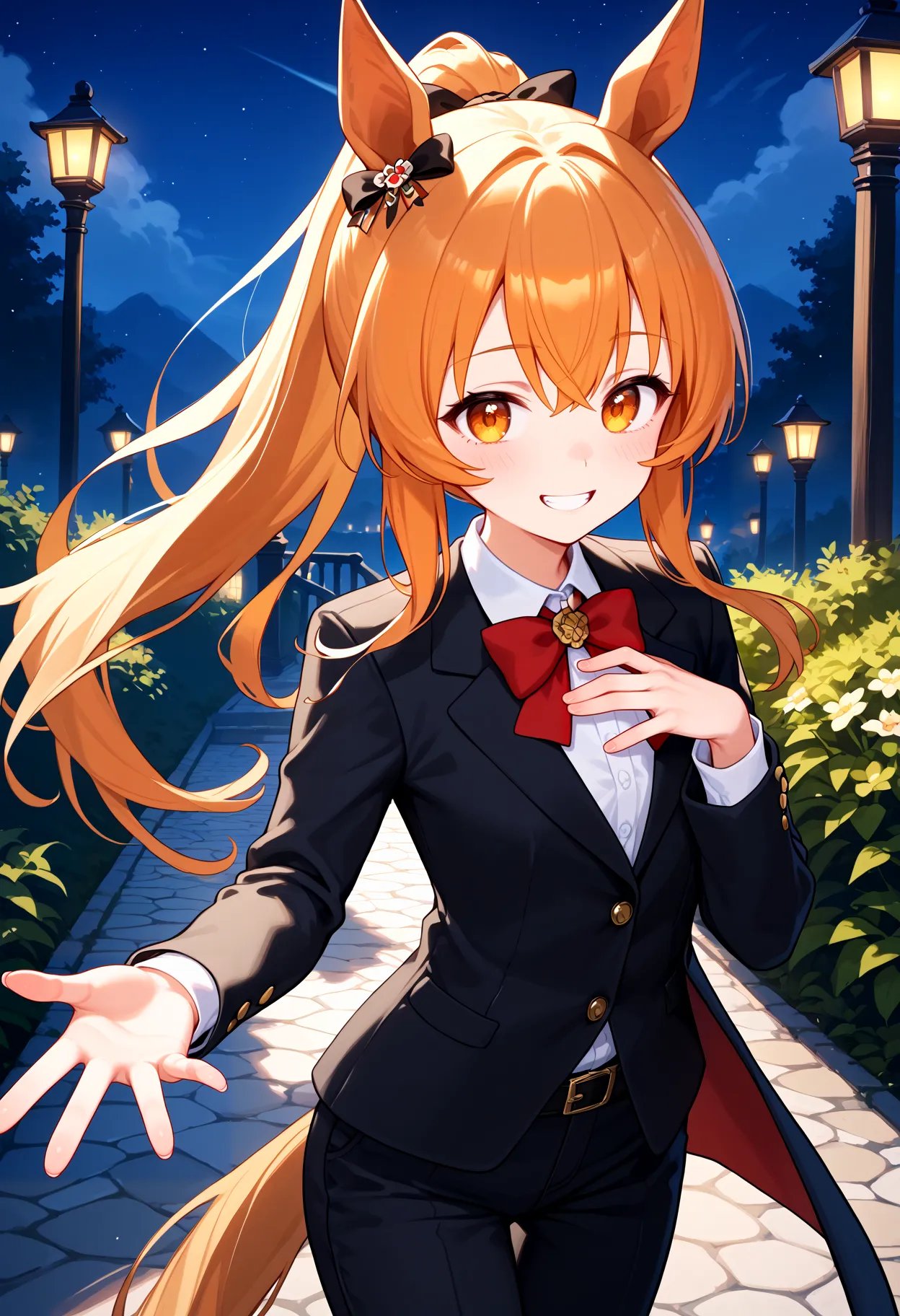 score_9, score_8_up, score_7_up, BREAK, best quality, masterpiece, very aesthetic, ultra detailed,very detailed background,ratingBREAK,zPDXL3,mayano, long hair, orange eyes, horse ears ,horse tail ,(ponytail:1.2),(tuxedo:1.2),night,garden,hand on own chest,black pants,reaching,horse tail,grin,short stature,cowboy shot, dutch angle,<lora:Mayano_Top_Gun-ponyXL:0.8>