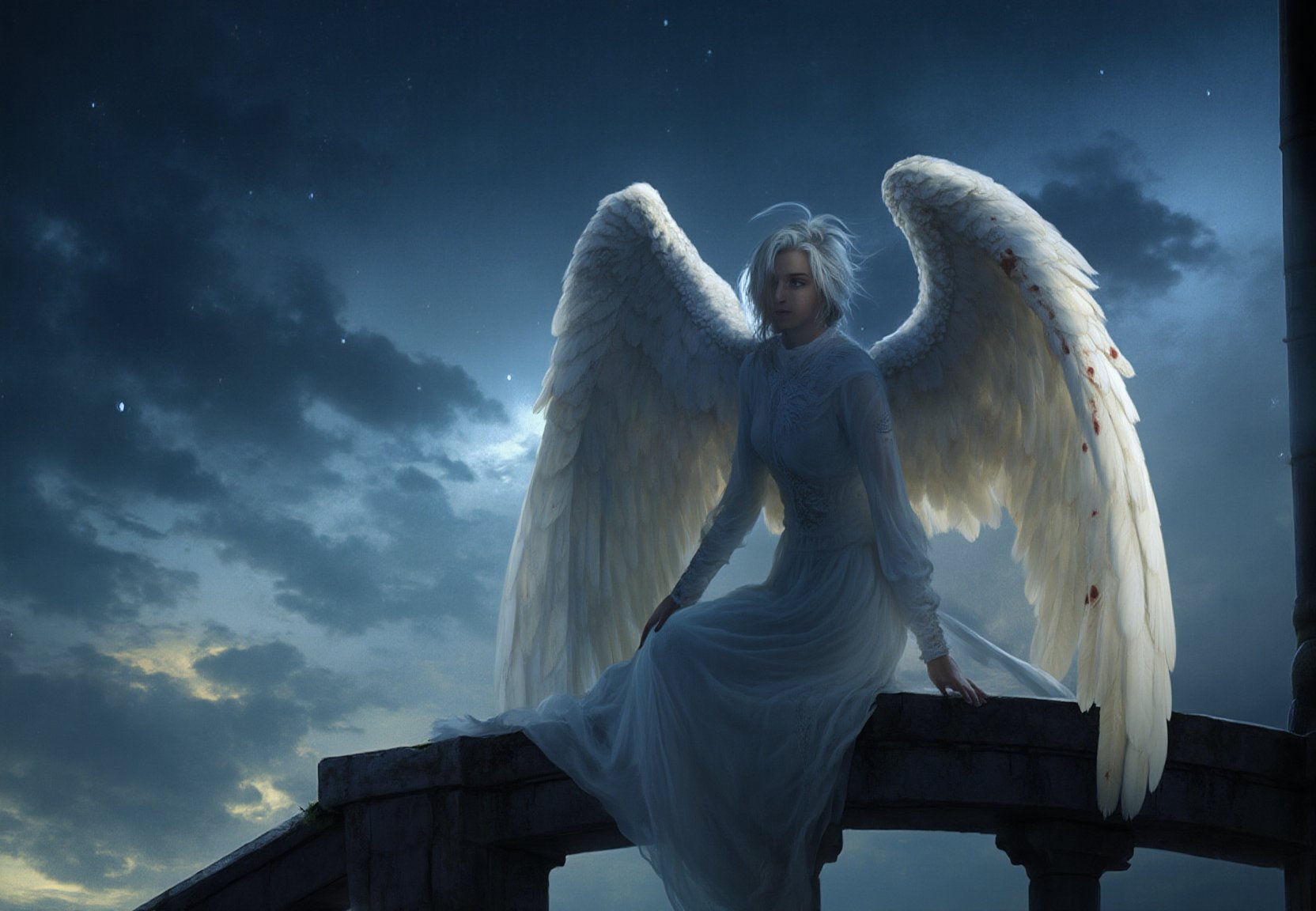 ((cinematic, 8k uhd, dslr, hdr)), (high budget film)In the soft, silver light of the moon, an angel sits perched on the stone railing of an ancient, weathered bridge. Her resplendent white hair flows gently in the night breeze, cascading down her back, framing a face that holds a quiet, contemplative sorrow. Her gaze is fixed on the vast expanse of the starry sky above, eyes filled with longing and reflection.Majestic angel wings unfurl behind her, their ethereal glow faintly illuminating the night. The feathers, pure and white, are delicately speckled with small, bloodied spots, as if remnants of a distant battle still cling to her. Her posture is relaxed yet heavy with emotion, as though burdened by unseen memories, lost between the celestial heavens above and the world below.The scene is serene, yet tinged with melancholy, as the angelâ€™s silent vigil blends with the whispering wind, creating a haunting, timeless atmosphere on the bridge suspended between earth and sky.