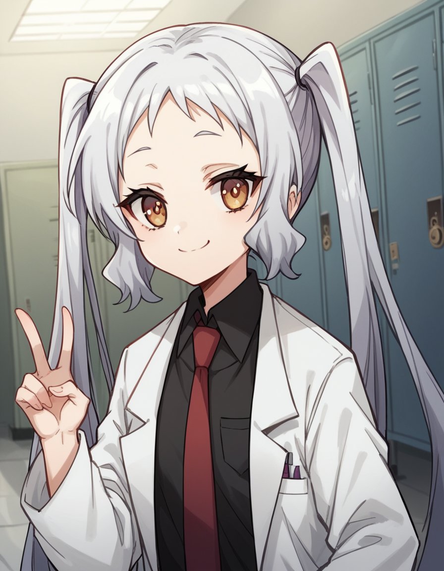 score_9, score_8_up, score_7_up, source_anime, <lora:korewazombie-ariel-s2-ponyxl-lora-nochekaiser:1>, ariel, long hair, twintails, brown eyes, white hair,, necktie, red necktie, labcoat, white labcoat, shirt, black shirt, collared shirt,, school hallway, lockers, between classes, everyday life, smile, looking at viewer, v, v over mouth, smug,, solo,, cowboy shot, dutch angle