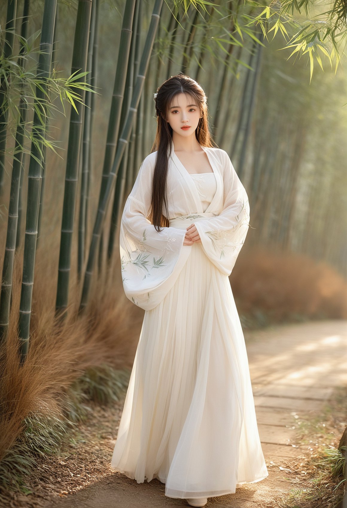 hanfu,1girl, solo, bamboo, bamboo forest, nature, long hair, forest, realistic, brown hair, looking at viewer, brown eyes, outdoors, lips, long sleeves, blurry, black hair, from side, standing, skirt, white skirt, breasts, chinese clothes, masterpiece,best quality,high-resolution image,High quality,Superb lighting,Highly detailed,Sharp focus,8K UHD,