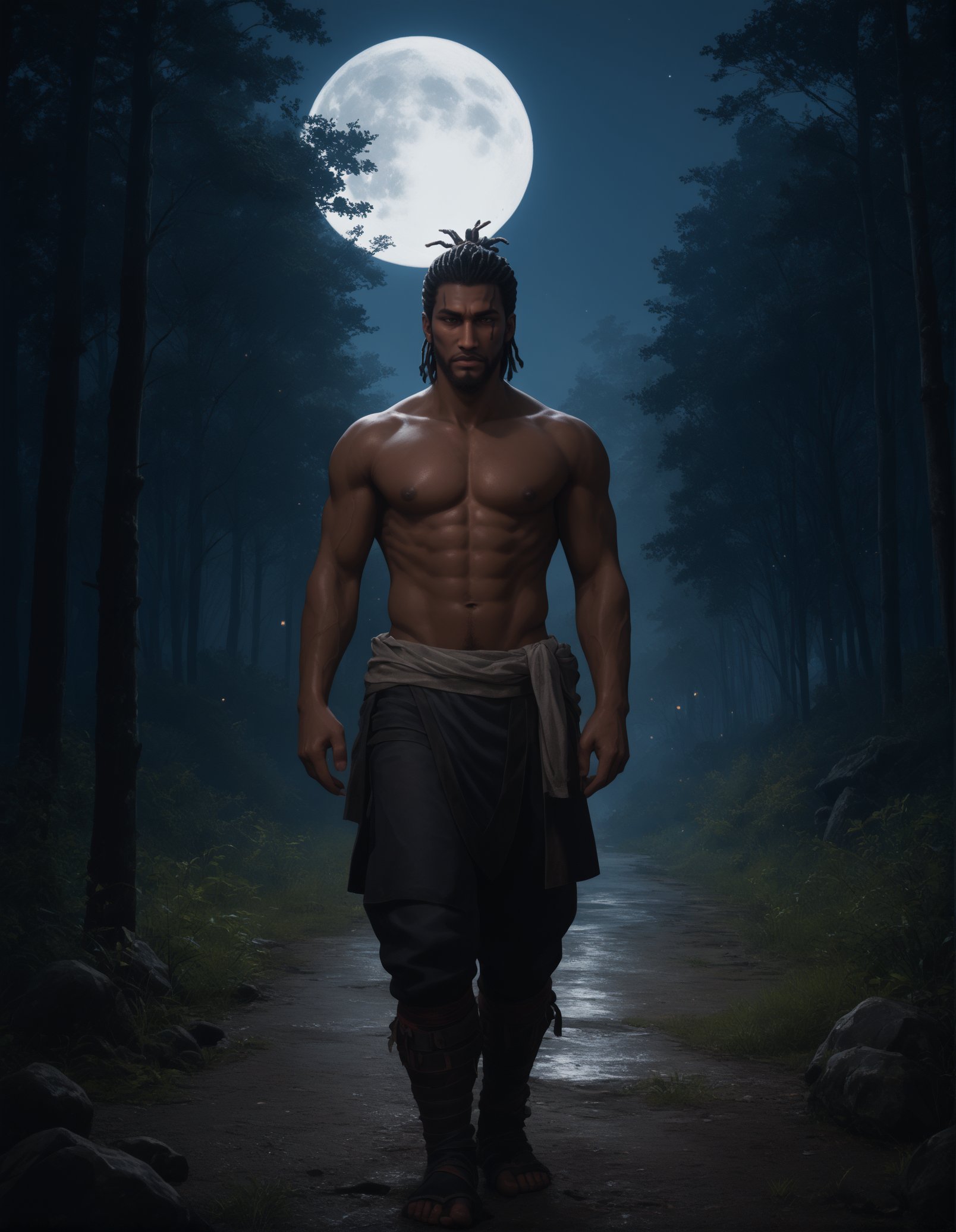 score_9, score_8_up, score_7_up, score_6_up, score_5_up, <lora:ACShadows_t3-08-128:1.0>, 1boy, Yasuke, black hair, , shirtless, male nipples, outdoors, feudal japan, forest at night, darkness, dark, moon