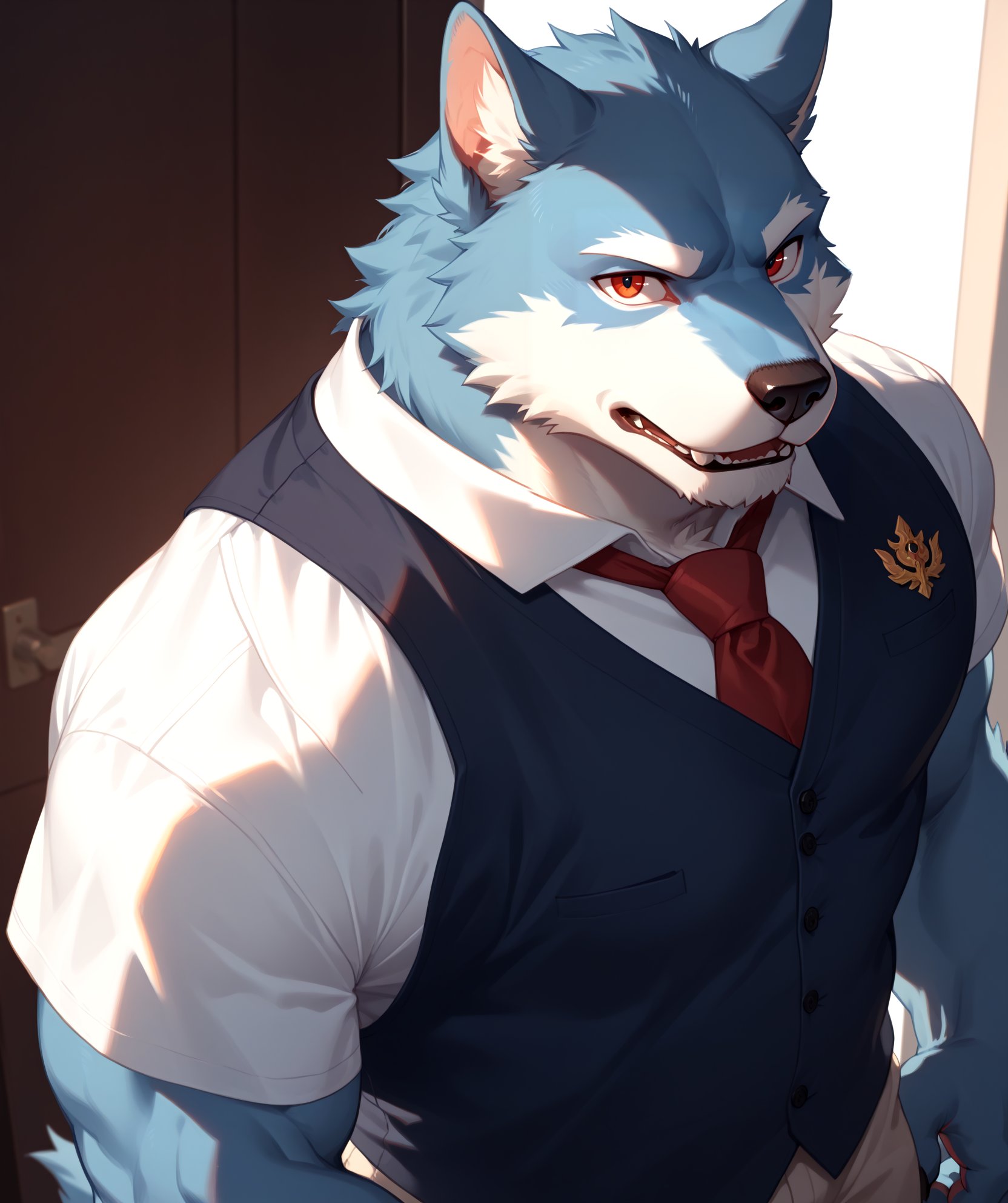 score_9,score_8_up,score_7_up,score_6_up,furry,kemono,high quality,tail,rating_explicit,embedding:zPDXL3 BREAK male furry,(bara),huge plump Chest Muscles,perfect anatomy,eyes details,details 5finger,details hand,source_anime,furry,wolf,male,open clothing,high-angle view,red eyes,looking at viewer,Vest,dark royal blue fur,Short sleeve,