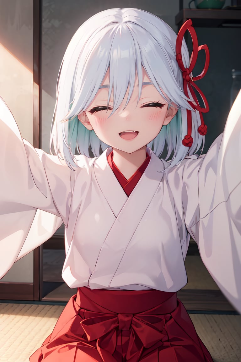 masterpiece, best quality, ultra-detailed, glistening shiny, glowing light, ray tracing, HDR, deph of field, (perfect face, detailed face), <lora:AmagamiAsahi:0.8>,  amagamiasahi, hair ornament, closed eyes, smile, open mouth, miko, hakama skirt, outstretched arms, sitting