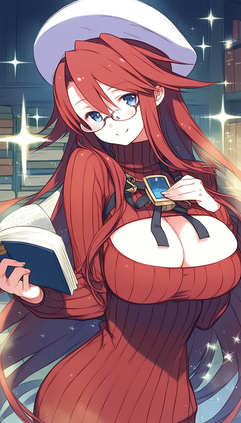 score_9, score_8_up, score_7_up, source_anime, rating_explicit, BREAK  <lora:Aty_XL:1> Aty, very long hair, red hair, blue eyes, large breasts, beret, hair between eyes, white headwear,  solo, glasses, book, sweater, smile, ribbed sweater, looking at viewer, holding, turtleneck, red sweater, sparkle, class room,