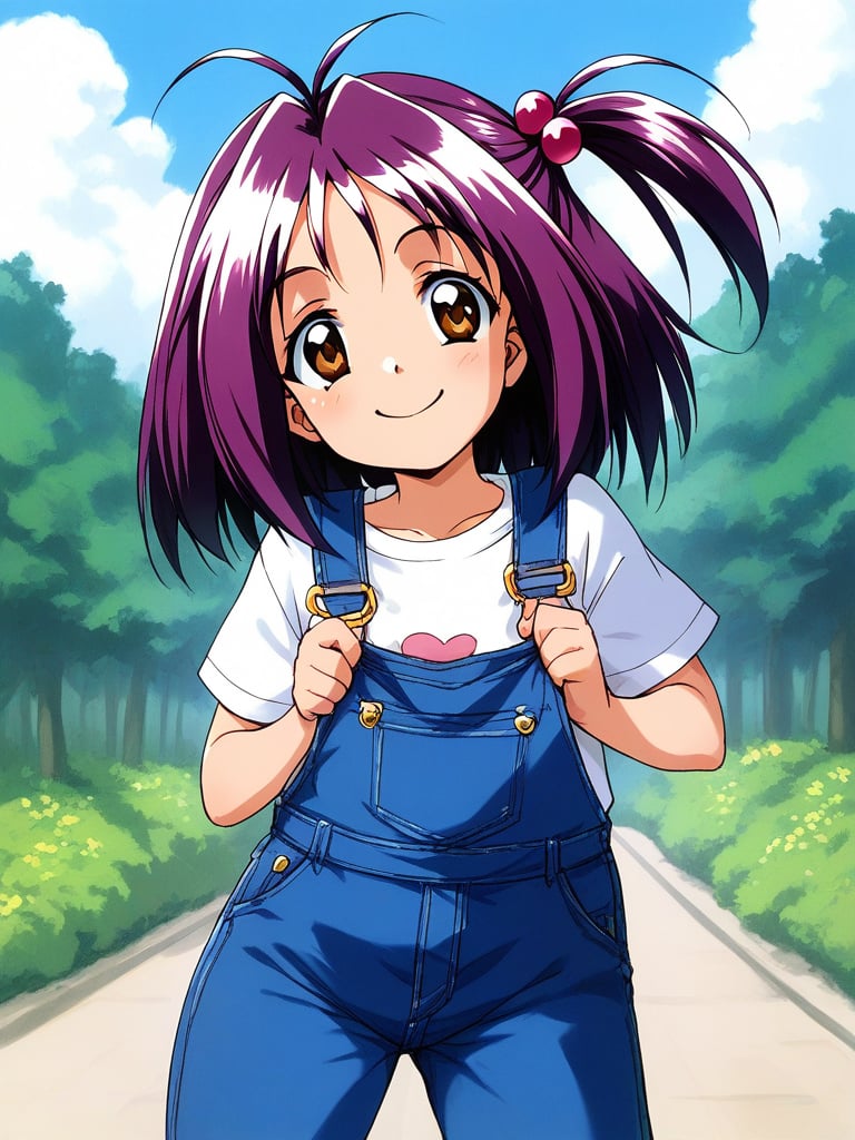 score_9, score_8_up, score_7_up, source_anime, rating_explicit, BREAK  <lora:Kotobuki_Miyuki_XL:0.9> Kotobuki_Miyuki, purple hair, brown eyes, short hair, short stack, 1girl, solo, overalls, hair ornament, hair bobbles, plaid, one side up, shirt, smile, outdoor, sky,