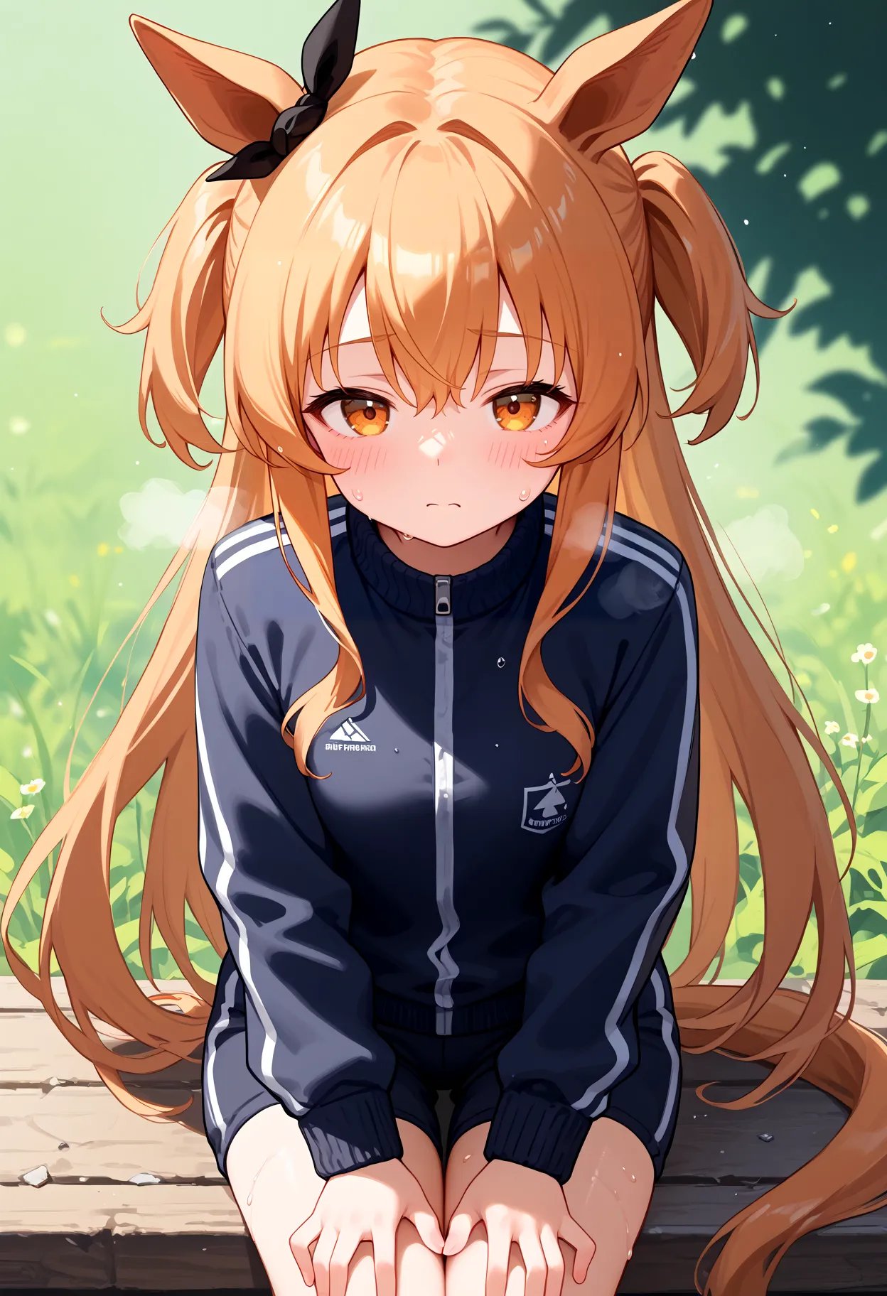 score_9, score_8_up, score_7_up, BREAK, best quality, masterpiece, very aesthetic, ultra detailed,very detailed background,ratingBREAK,zPDXL3,mayano, long hair, orange eyes, horse ears ,horse tail ,ponytail,wet skin,steaming body,tracksuit,sweat drop,field,daytime,school gym clothes,Tired,standing, hands on knees,steam,Open Jersey,sitting,front view,<lora:Mayano_Top_Gun-ponyXL:0.9>