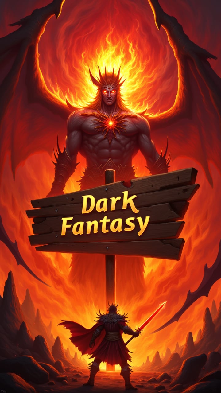 a huge sign with Text:"Dark Fantasy", aidmaDarkfantasy,      scene, character This is a vibrant, dynamic digital artwork in a fantasy style, depicting an intense battle scene between two powerful, mythical figures. The scene is set against a fiery, volcanic background with swirling red and orange hues, suggesting an infernal environment.