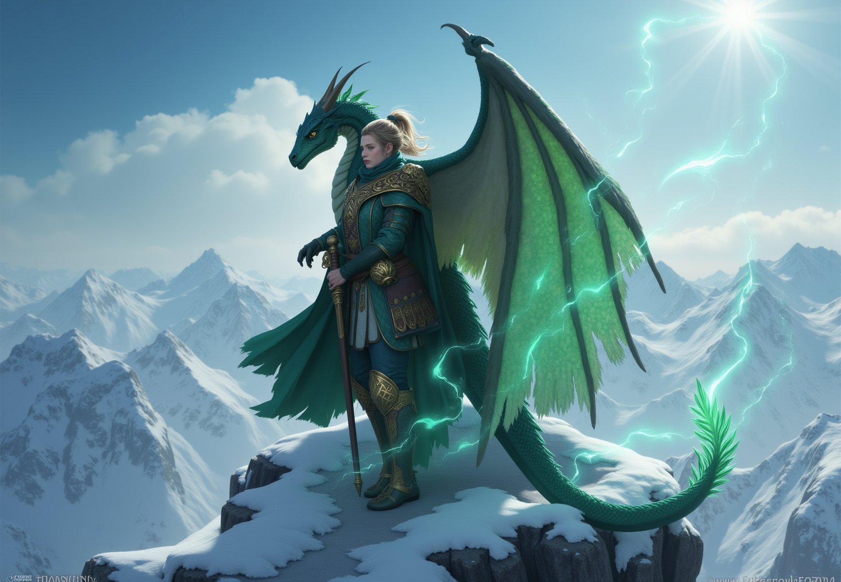 In a realm where magic weaves through the air like whispers, a 19-year-old girl named thomasinara stands atop the snowy mountain peak, With her enchanted staff, she conjures spells that shimmer with ethereal light. Perched on her shoulder is her loyal companion, a child dragon named Drogon, whose scales glisten like emeralds. Together, they navigate the mystical landscapes, their bond unbreakable. In this fantastical world, she is both warrior and protector, a symbol of courage and magic intertwined.polishswordsman