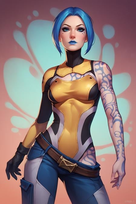 score_9, score_8_up, score_7_up, BREAK , 1girl, solo, looking at viewer, breasts, <lora:mayabl2-guy-v1PONYXL:.95>, mayabl2, tattoo, makeup, blue lips, gloves, bodysuit, belt, pants, abstract background,