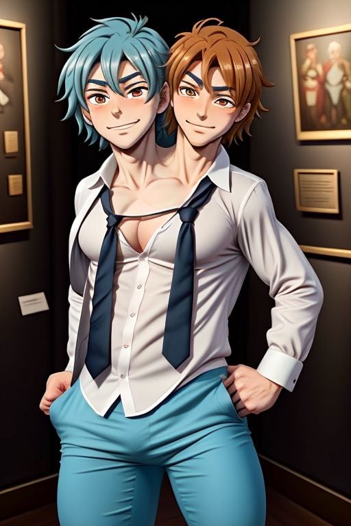 8K,HD,bright,two heads attached to one body, conjoined prince ((male)) in museum,((anime)),hansome,((happy)),Suit,Orange hair on the right, blue hair on the left,strong body,White shirt