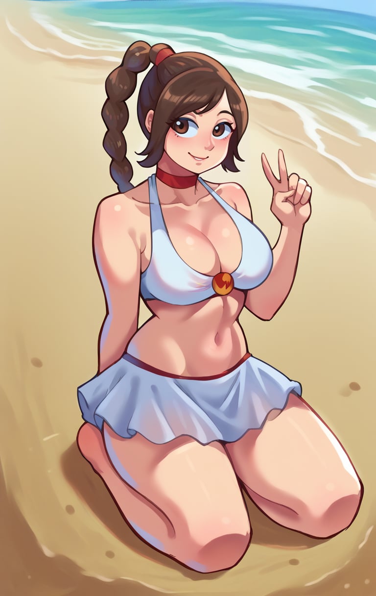 score_9,score_8_up,score_7_up pastel colors,highres BREAK <lora:tylee:1>,TyleeSDXL,1girl,solo,white skirt,large breasts,brown hair,navel,cleavage,brown eyes,swimsuit,ponytail,bikini,choker,midriff,braided ponytail,single braid,very long hair,braid,beach,cowboy shot,kneeling, v