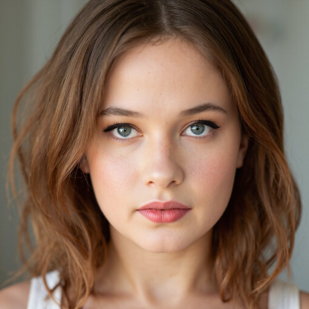 A close-up portrait of cailee_spaeny with auburn hair and striking green eyes. She has a neutral expression and is wearing a white top. The blurred background is out of focus, emphasizing her face and upper body. Soft, natural lighting casts a gentle glow on her face, highlighting her features and emphasizing her eyes. The image is candid and natural, capturing a serene moment.