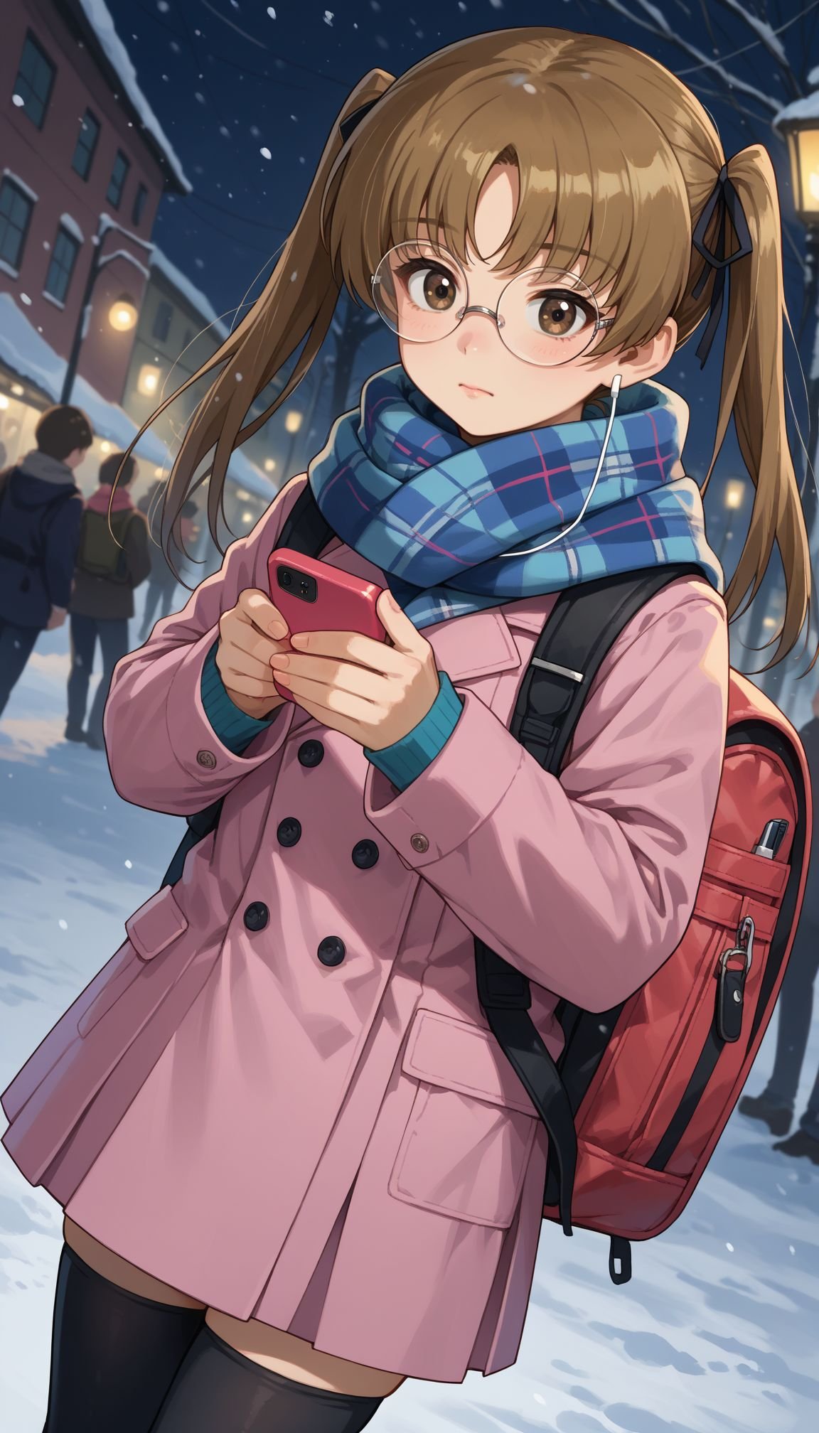 score_9, score_8_up, score_7_up, source_anime,  outdoor, street, snow, night, <lora:GUPAya :1>, GUPAya , glasses, 1girl, twintails, long hair, pleated skirt, hair ribbon, cellphone, grey skirt, black ribbon, pink coat, bag, holding phone, brown hair, brown eyes, dutch angle, earphones, black thighhighs, smartphone, long sleeves, round eyewear, rimless eyewear, backpack, miniskirt, closed mouth, plaid scarf, standing, zettai ryouiki, bangs, double-breasted,, blue scarf, , buttons, flower, blurry foreground