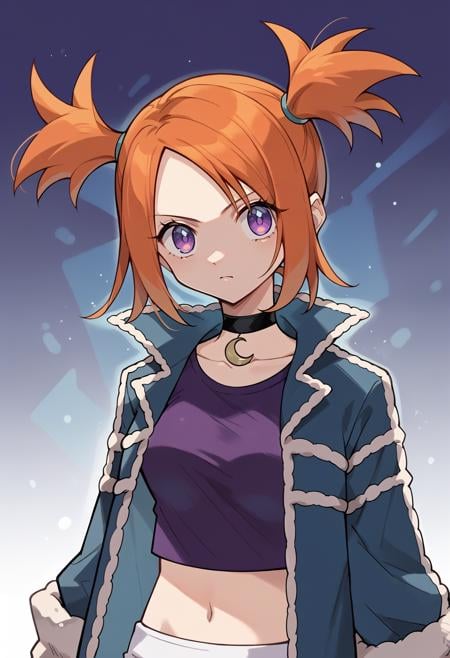 score_9, score_8_up, score_7_up, 1girl, upper body, serious, looking at viewer, <lora:RuiPKMN-pdxl:1> ru1, orange hair, short twintails, purple eyes, glowing eyes, black choker, crescent, purple shirt, crop top, medium breasts, midriff, blue jacket, fur trim, long sleeves, open jacket, white skirt, abstract background